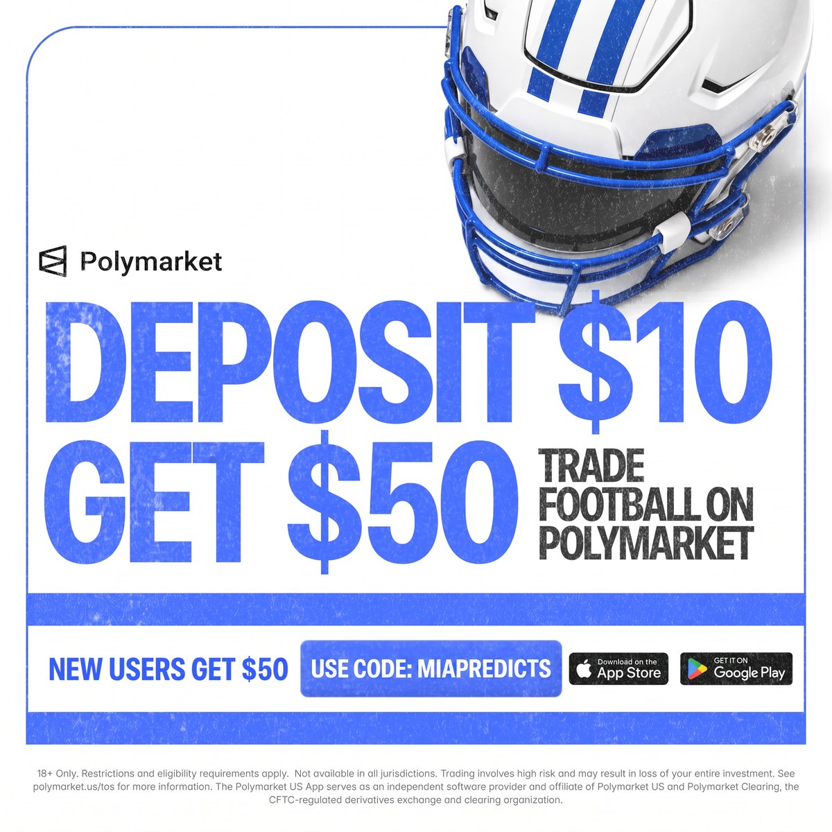 Polymarket iPhone app — Deposit $10, get a $50 trading bonus with code MIAPREDICTS