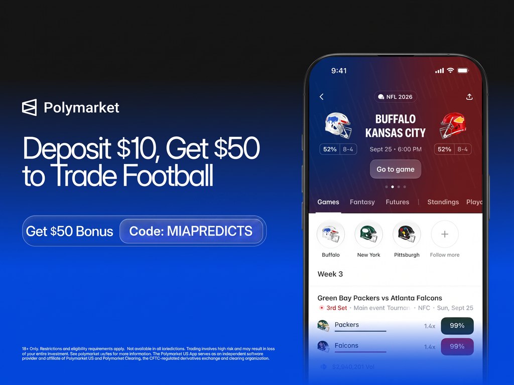 Polymarket NFL markets — Deposit $10, get a $50 trading bonus