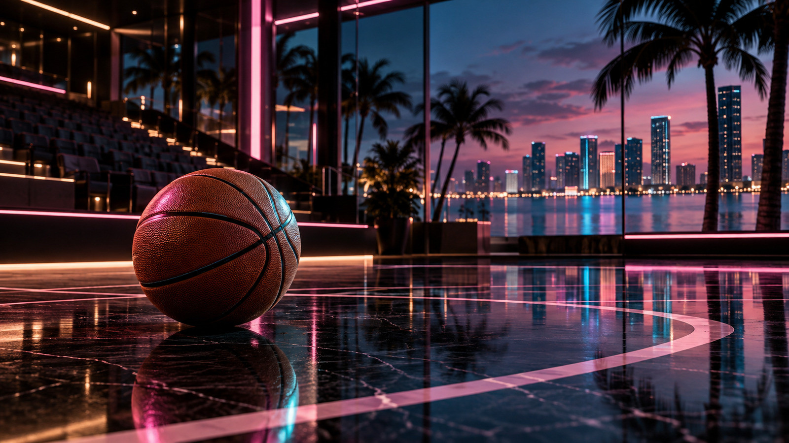 A basketball rests on a reflective court with Miami palms and bay at dusk beyond the glass