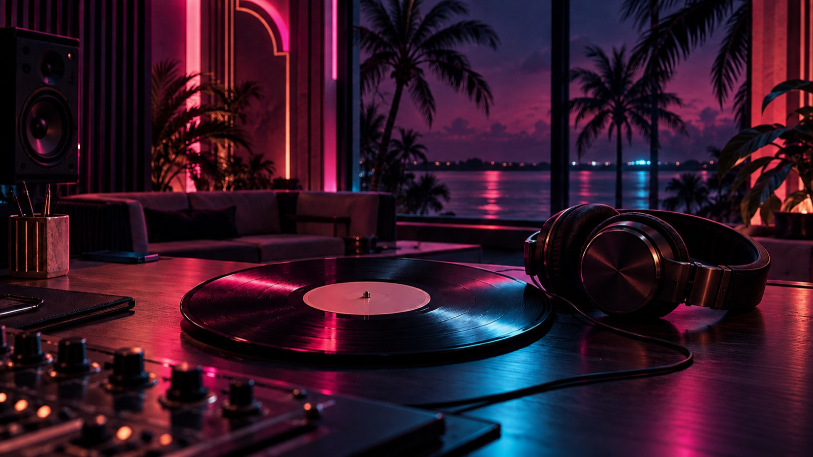 Blank vinyl record and headphones in a neon-lit Miami recording studio overlooking a generic bay