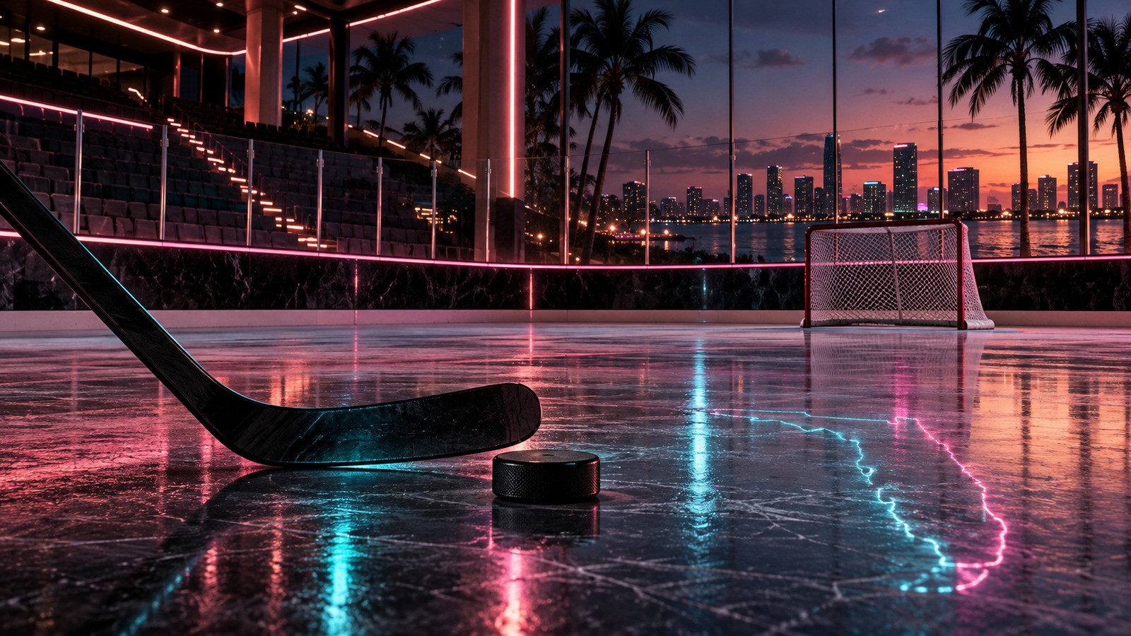 A hockey stick and puck rest on reflective ice before an unbranded goal with Miami palms and bay at dusk