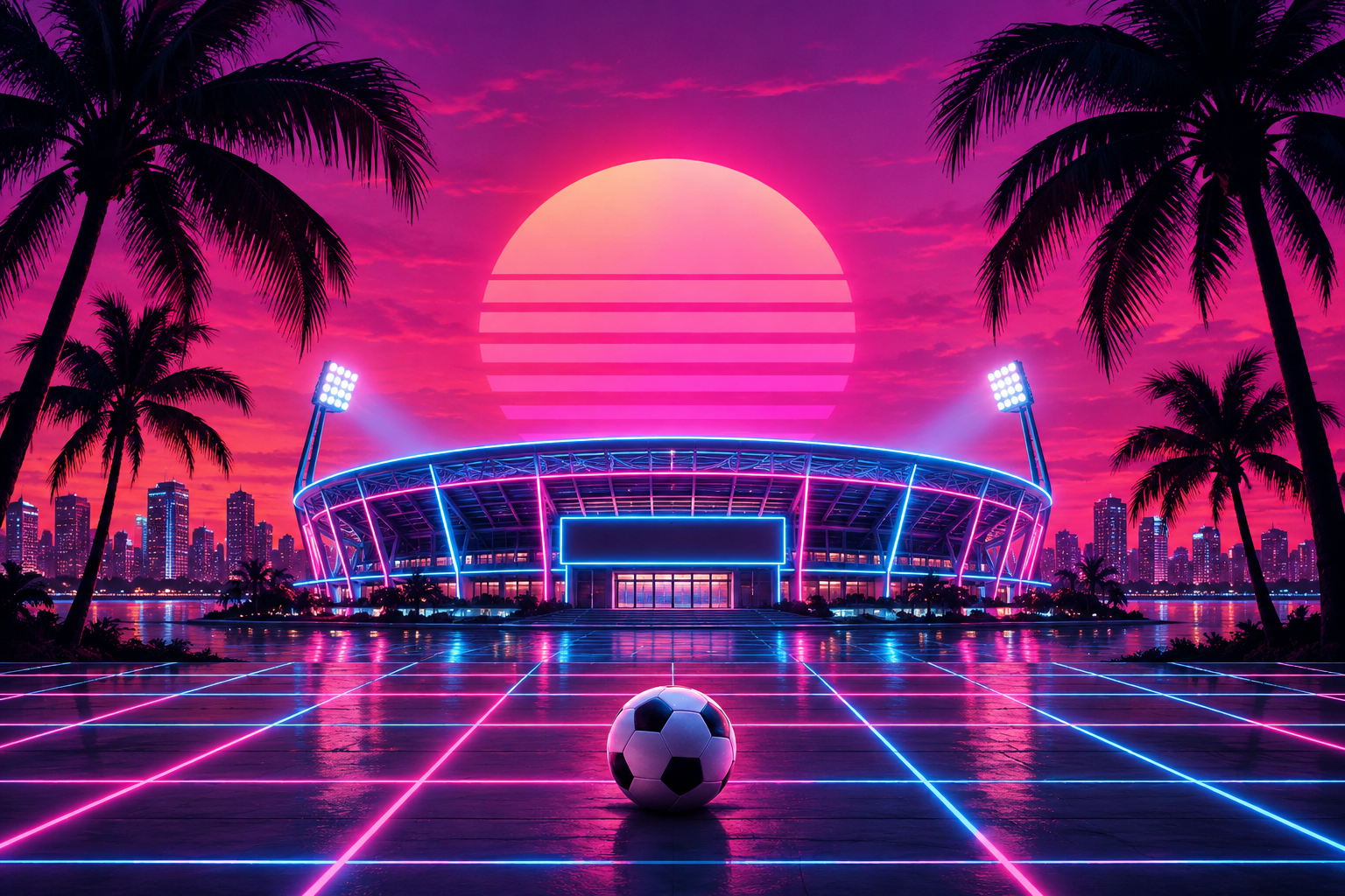 A neon-outlined soccer stadium under a striped pink sun, with palm silhouettes and a soccer ball on a glowing grid.