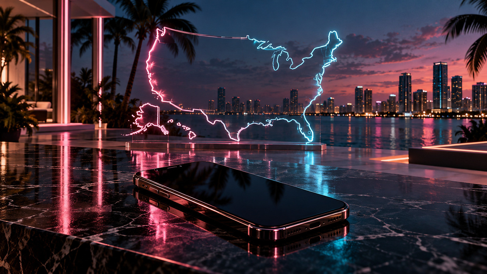 A blank-screen phone sits on black marble in front of a glowing United States outline with Miami palms and bay at dusk