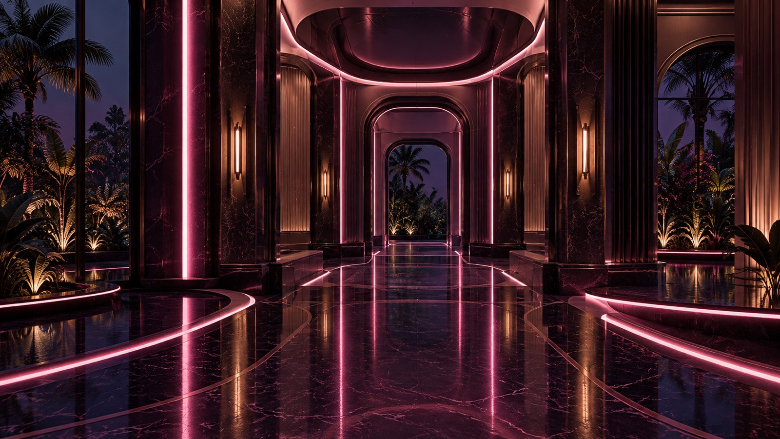 Dark marble Art Deco corridor lit by pink neon lines, with palms and tropical plants outside at night